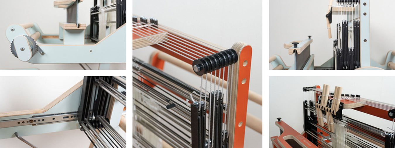 Close-up views of the Harmony 50-8 Table Loom by Louët in terracotta and light blue – heddles, shafts and frame details
