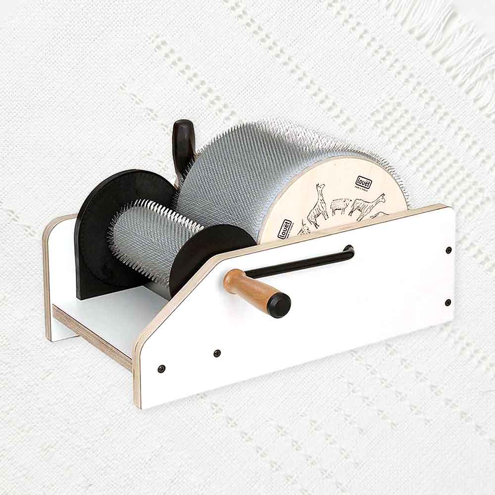 Louët Standard Drum Carder on white woven background – fiber preparation tool for handspinning