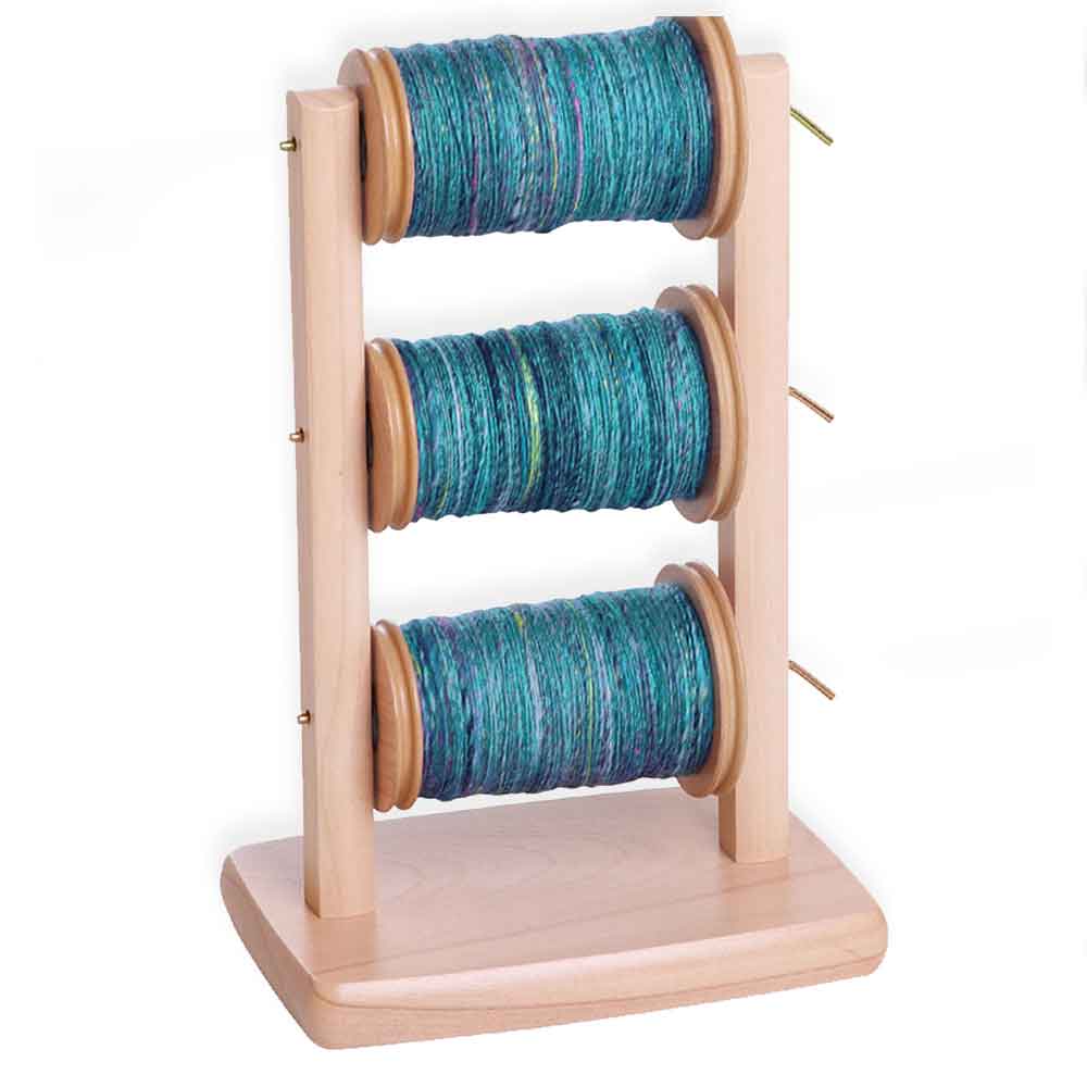 Wooden lazy kate with three bobbins filled with teal handspun yarn – Tisse et File spinning accessories