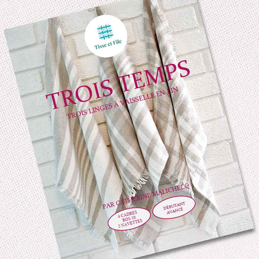 Three handwoven linen dish towels from the Trois Temps weaving pattern in French