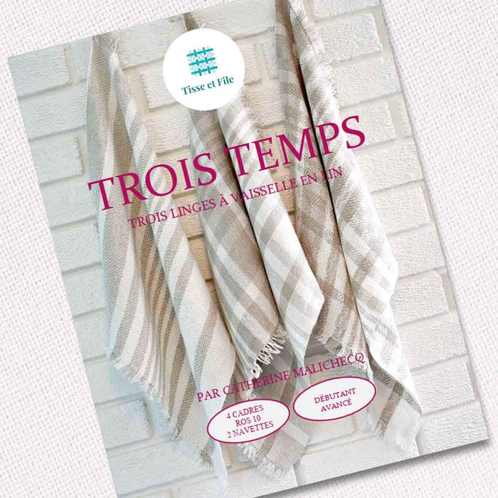 Three handwoven linen dish towels from the Trois Temps weaving pattern in French