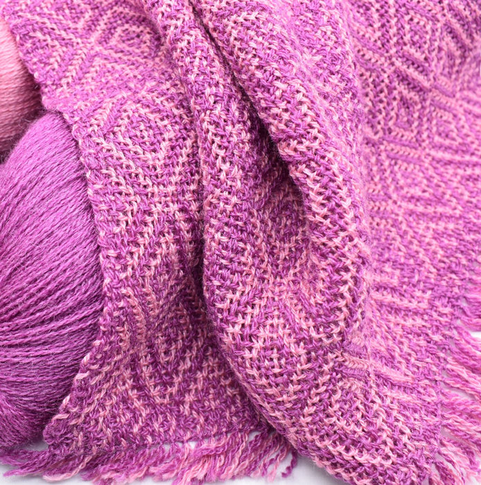 Finished Julietta Shadow Weave scarf with merino and silk yarn, draped fabric view