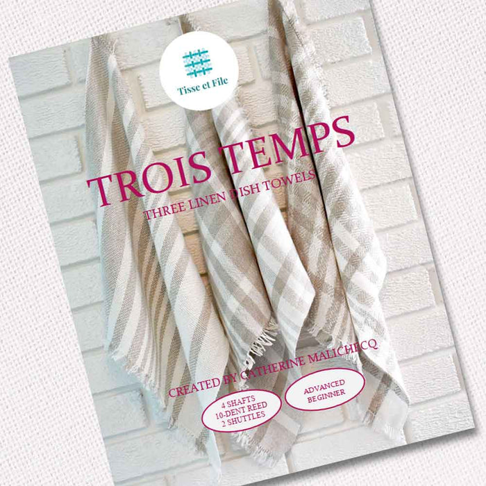 Three handwoven linen dish towels from the Trois Temps weaving pattern in English