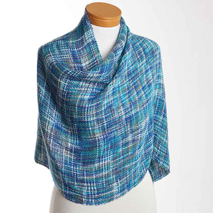 Handwoven shawl in cool blue and turquoise tones made with Ashford Caterpillar Yarn.