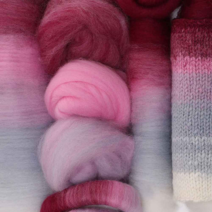 Gradient dyed Ashford Corriedale wool top with knitted sample