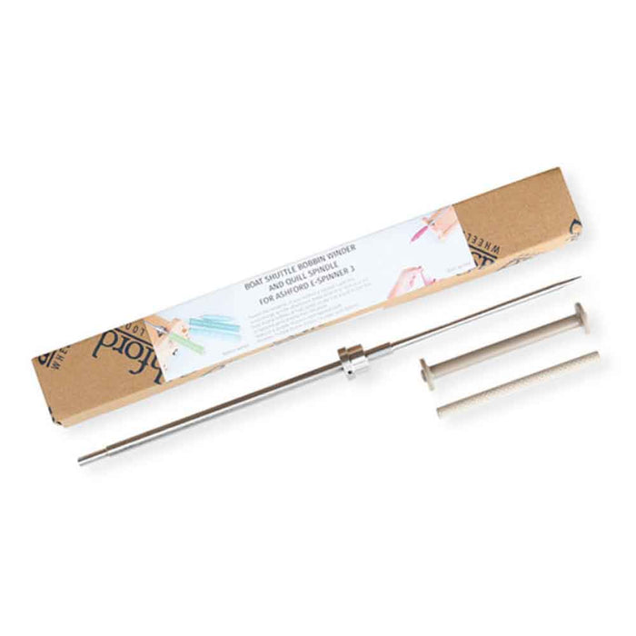 Ashford Boat Shuttle Bobbin Winder and Quill Spindle for e-Spinner 3 – stainless steel shaft with paper and nylon bobbins, shown with packaging box.