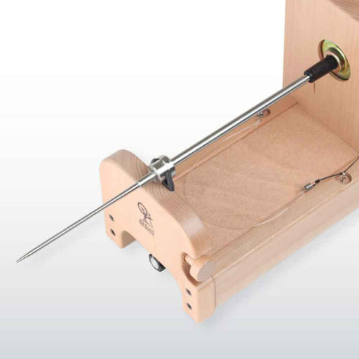 Ashford e-Spinner 3 with Quill Spindle attachment installed – close-up of stainless steel tapered shaft for spinning from the quill.