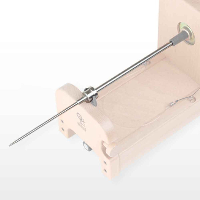 Ashford e-Spinner 3 with Quill Spindle attachment installed – close-up of stainless steel tapered shaft for spinning from the quill.