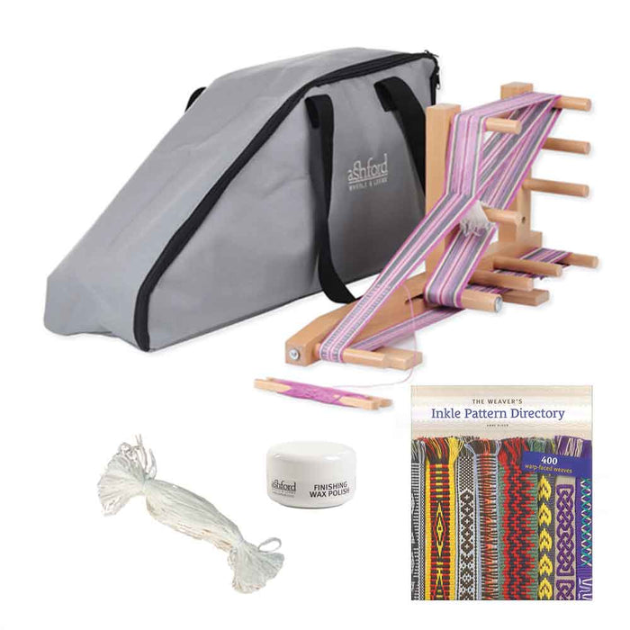 Ashford Inkle band weaving set with carry bag, Texsolv heddles, finishing wax and Anne Dixon pattern book