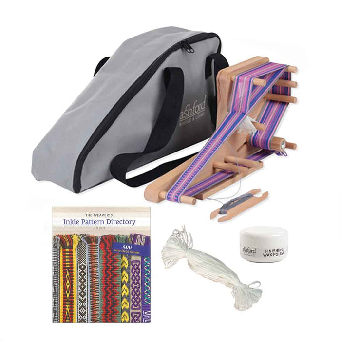 Ashford Inklette band weaving set with carry bag, Texsolv heddles, finishing wax and Anne Dixon pattern book