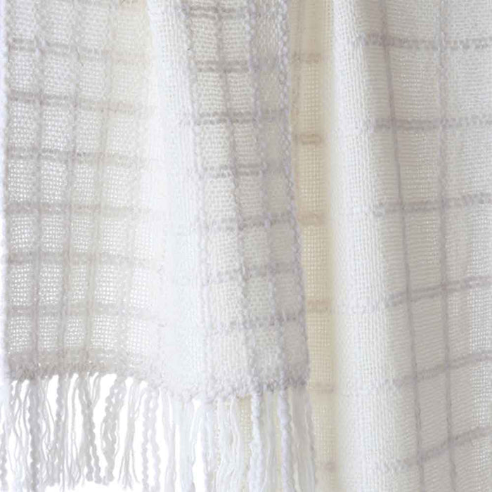 Close-up of the handwoven Lattice Scarf made with the Ashford Weaving Kit 1, showing the soft open-weave texture and fringed edges.