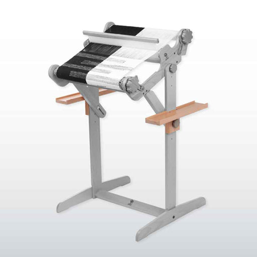 Ashford loom stand accessory trays on grey rigid heddle loom stand with wooden trays