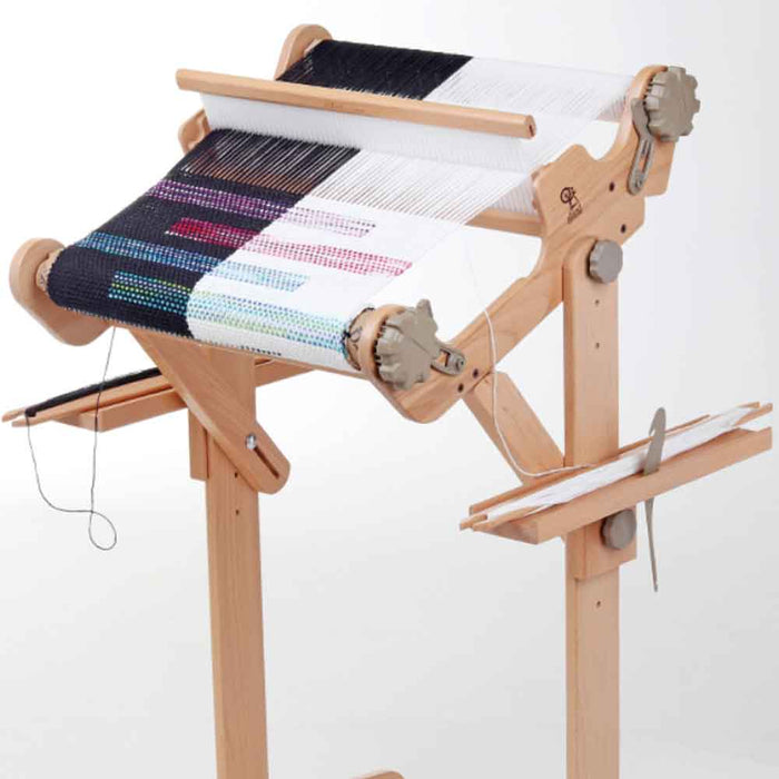 Ashford loom stand accessory trays installed on rigid heddle loom stand weaving setup