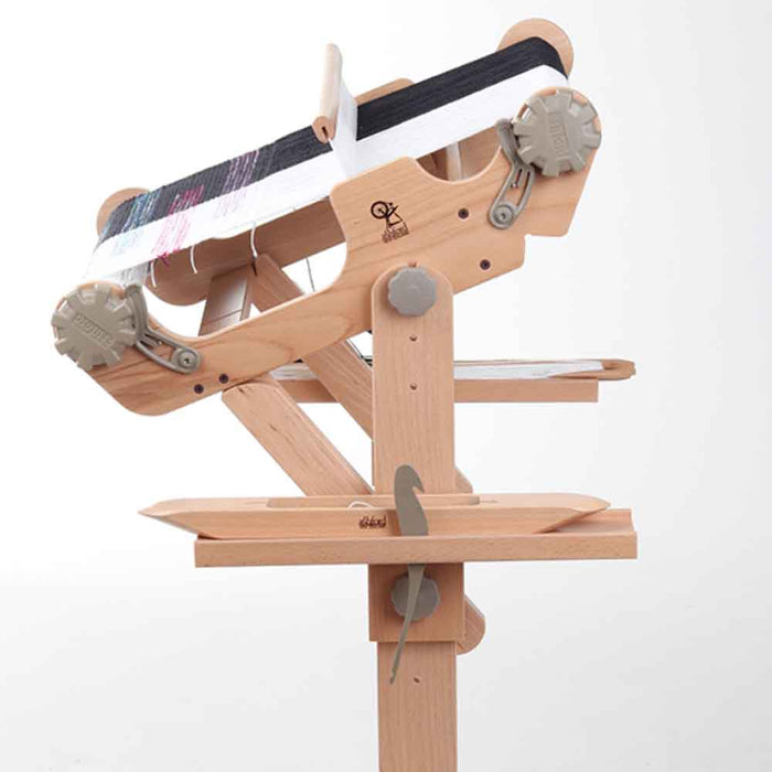 Ashford loom stand accessory tray mounted on rigid heddle loom stand side view