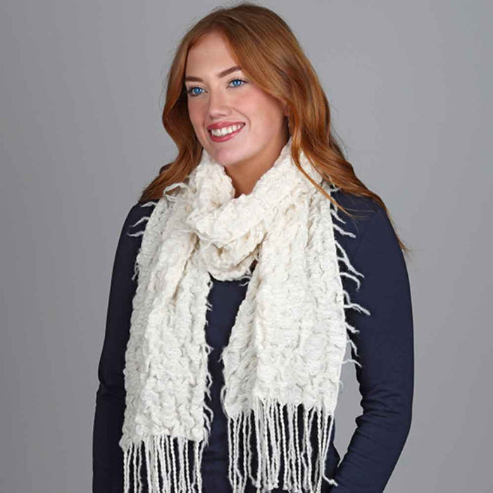 Ashford Magic Bubbles handwoven scarf worn by a model