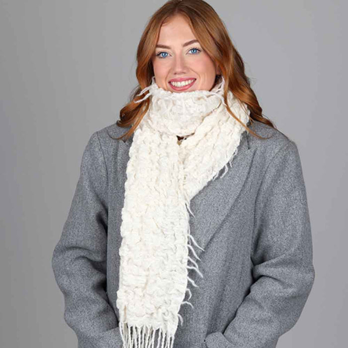 Ashford Magic Bubbles textured scarf worn with a grey coat