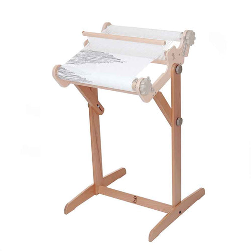 Ashford SampleIt loom on adjustable wooden stand with woven fabric in progress