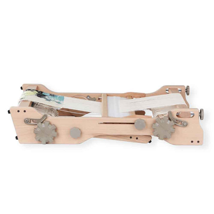 Side view of Ashford table tapestry loom showing wooden frame and tension system