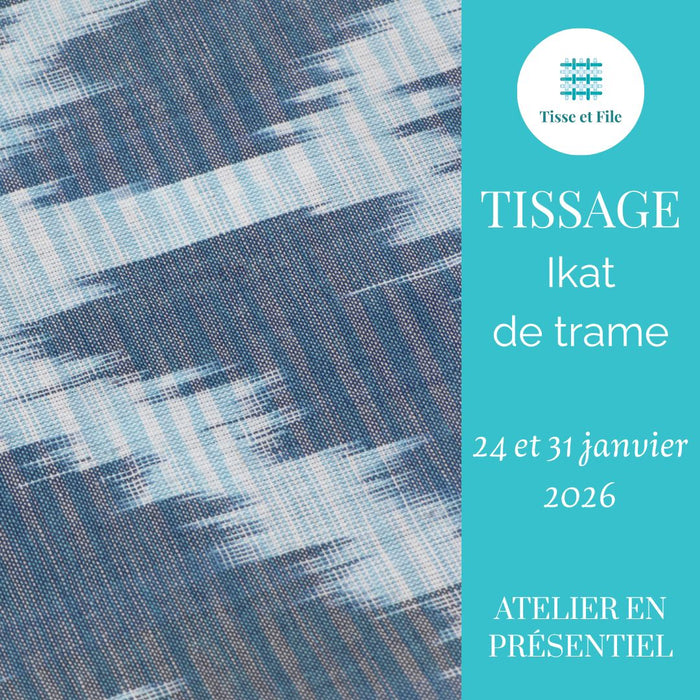 Weft ikat weaving workshop on a four-shaft loom at Tisse et File, led by textile artist Monique Ratelle