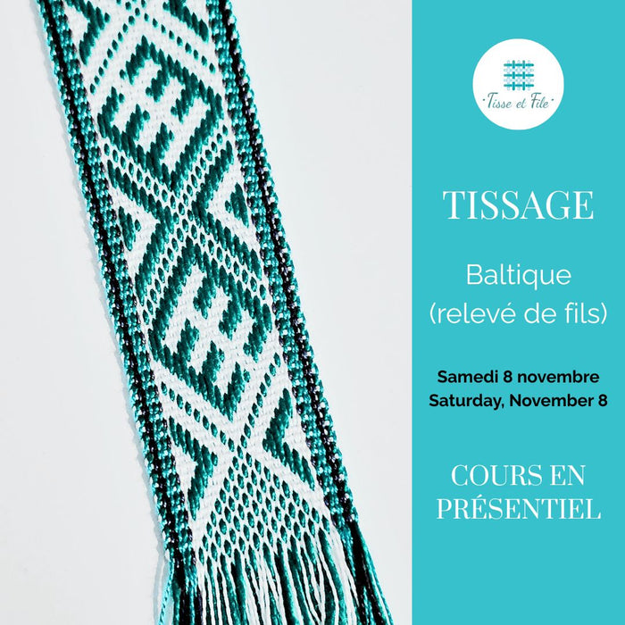Close-up of a Baltic pickup patterned band woven on an inkle loom during an in-person weaving course at Tisse et File in the Montreal area