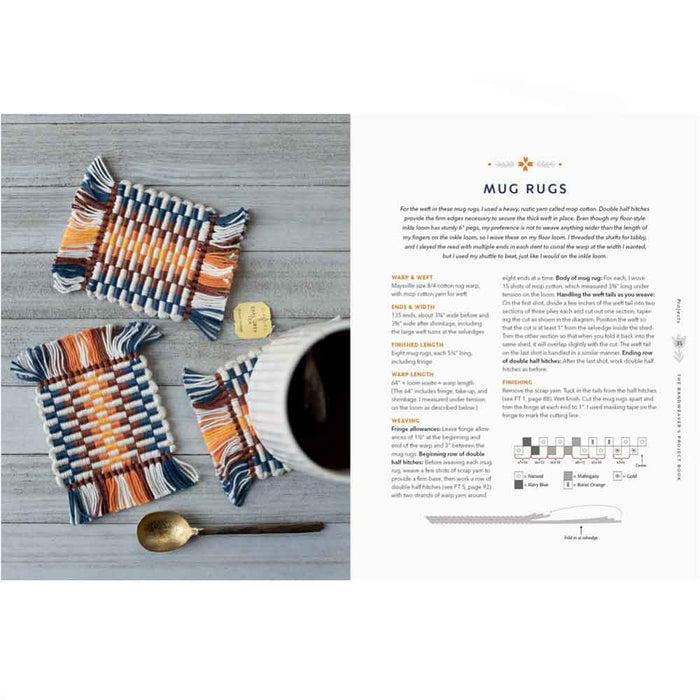 Handwoven mug rug project with weaving instructions and diagrams