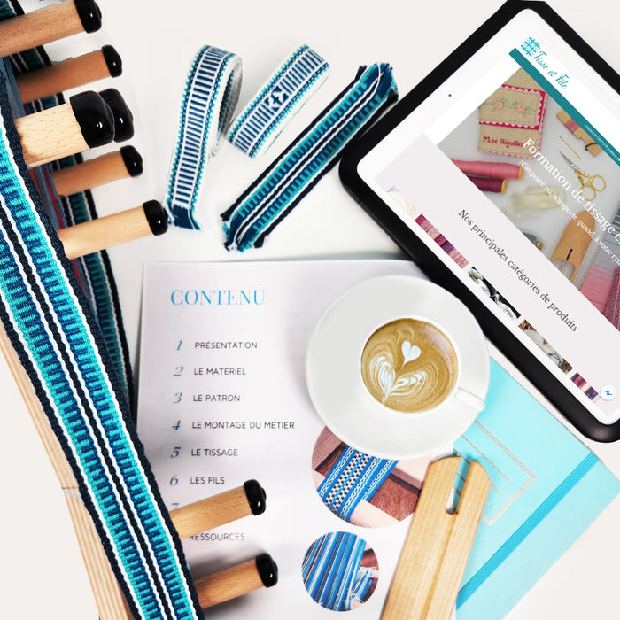 Inkle loom setup with woven bands, coffee, and online course platform – French weaving class