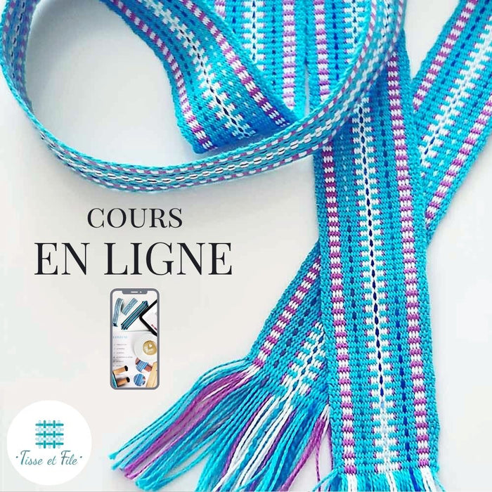 Inkle band weaving – online course in French with colorful handwoven ribbon and mobile preview