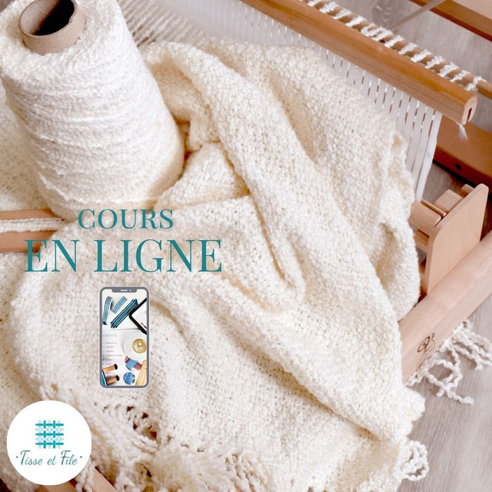 Online level 1 Rigid heddle loom course in French – warped loom and hanwoven scarf made with Monte Cristo cotton