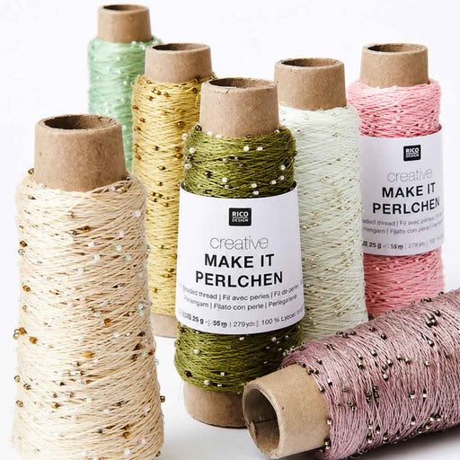 Creative Make It Perlchen decorative lyocell thread with integrated glass beads by Rico Yarns for knitting, crochet, weaving and embroidery.