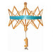 Wooden umbrella yarn swift clamped to a table, holding a turquoise skein of yarn and used for winding skeins into balls or bobbins
