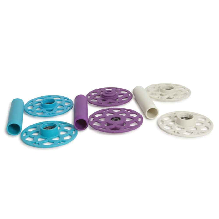Three assembled EEW 6.1 bobbins in turquoise, purple, and white, compatible with the Electric Eel Wheel 6.0 and 6.1 by Dreaming Robots.