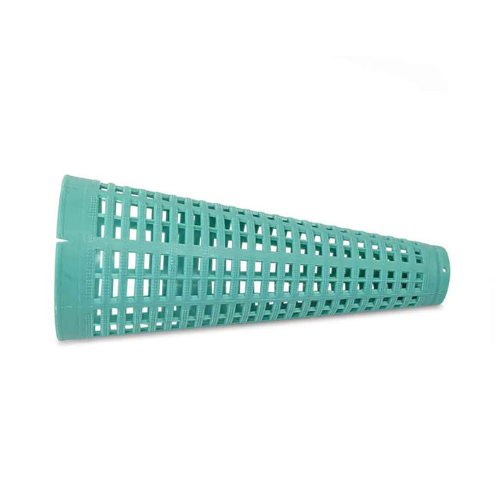 Single teal EEW cone made of durable polypropylene with open grid design for drying yarn.