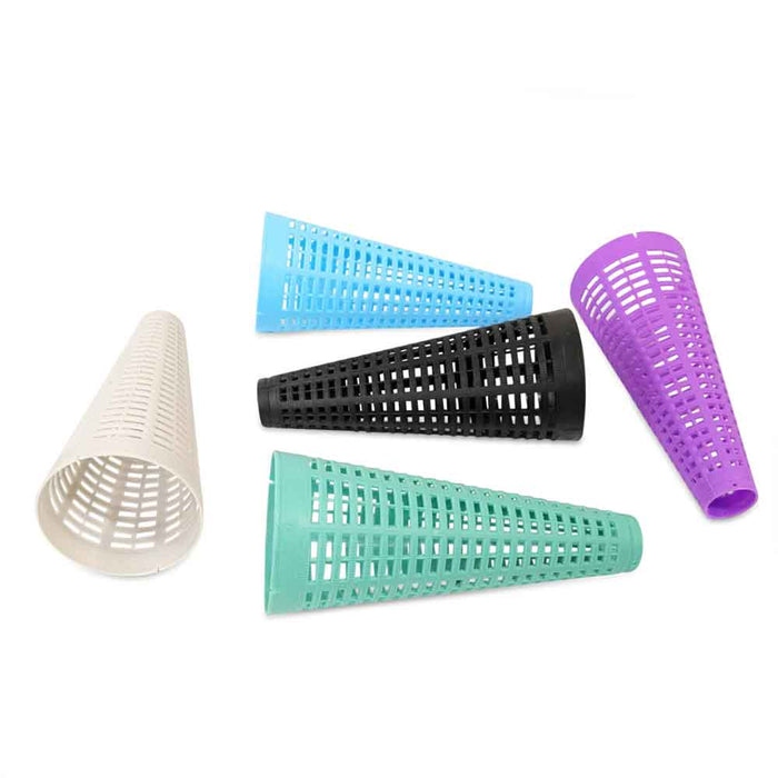 Assorted EEW yarn cones in five colors lying flat – ideal for use with EEW Cone Winder by Dreaming Robots.