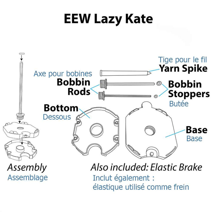 Bilingual diagram showing parts of the EEW Lazy Kate by Dreaming Robots – bases, rods, stoppers, and elastic brake.