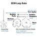 Bilingual diagram showing parts of the EEW Lazy Kate by Dreaming Robots – bases, rods, stoppers, and elastic brake.
