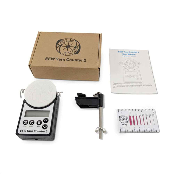 EEW Yarn Counter 2 box contents with counter clamp WPI card and user manual