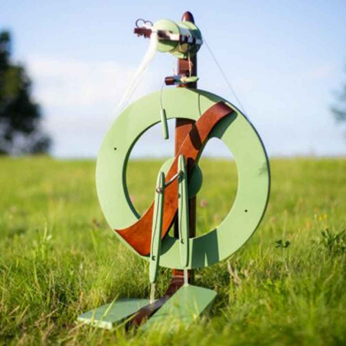 Kromski Fantasia Meadow Green limited edition spinning wheel side view 18 inch drive wheel