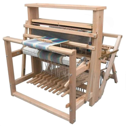 Leclerc Nilus II 8-shaft jack-type floor loom with back-hinge treadles, foldable to 27.5 inches, sturdy weaving loom available in 36, 45 and 60 inch weaving widths