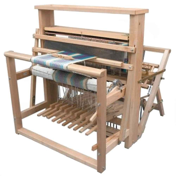 Leclerc Nilus II 8-shaft jack-type floor loom with back-hinge treadles, foldable to 27.5 inches, sturdy weaving loom available in 36, 45 and 60 inch weaving widths
