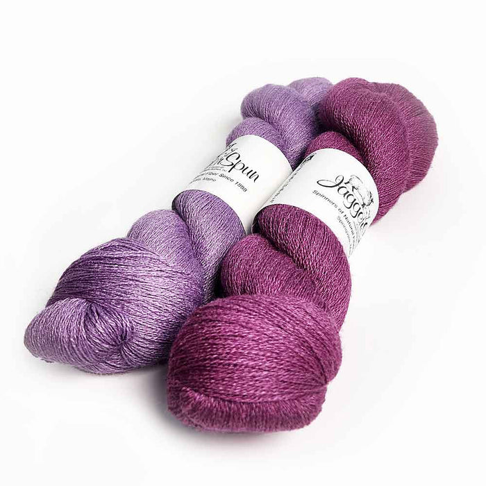 log cabin milleraie weaving kit Mulberry and Lilac combinations illustrating colour-and-weave effects