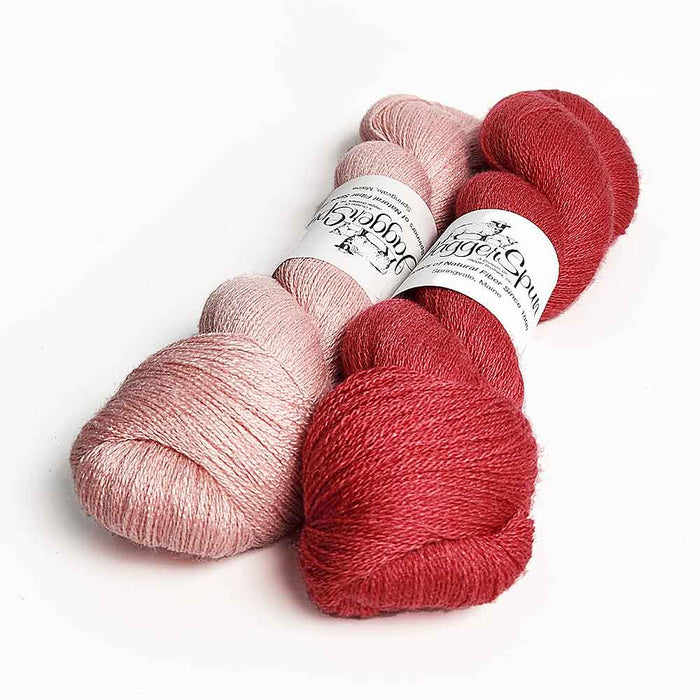 log cabin milleraie weaving kit Real Red and Mythical Pink combinations illustrating colour-and-weave effects