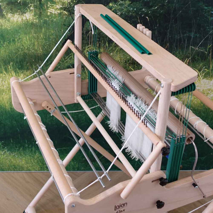 Top view of Lojan Flex loom with raddle mounted in high position and plastic cover strips