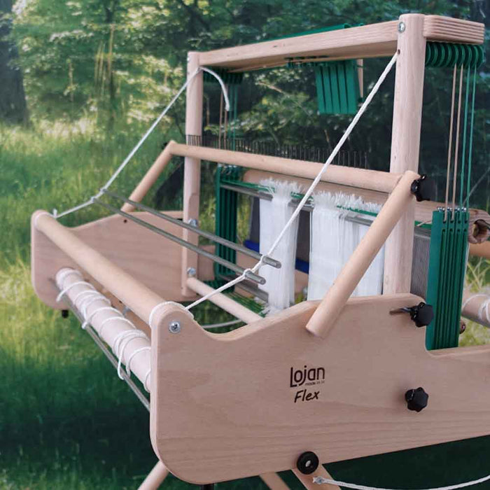 Lojan Flex loom with raddle mounted in high position, angled view for back to front warping