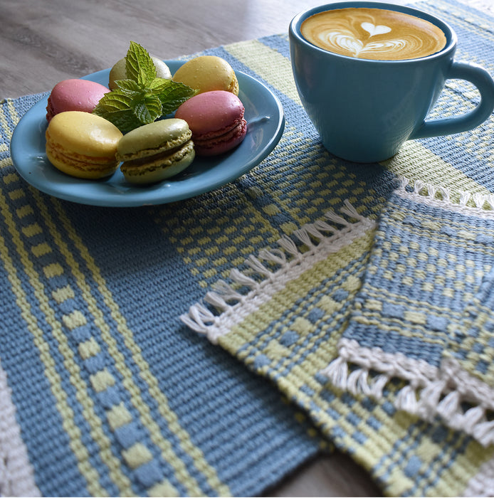 Set of Mayu placemats and coasters woven in cotton and linen, spring colors – Tisse et File