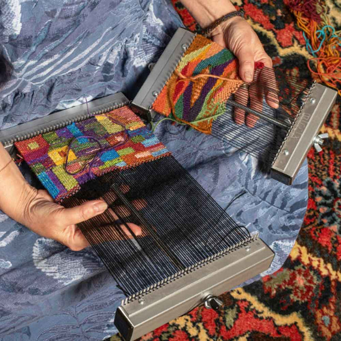 Mirrix Chloe 10 inch loom in use for colorful tapestry weaving on lap