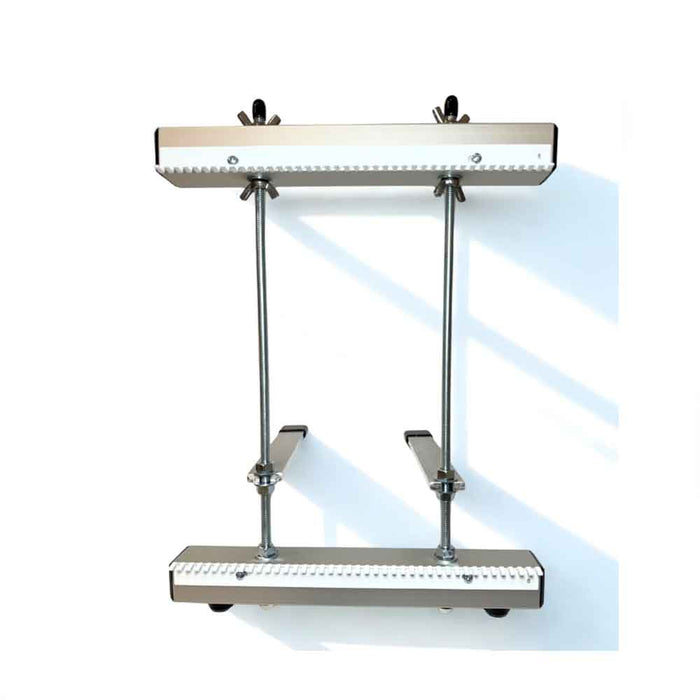 Assembled Mirrix Chloe 10 inch loom stand showing aluminum frame, threaded rods and support brackets