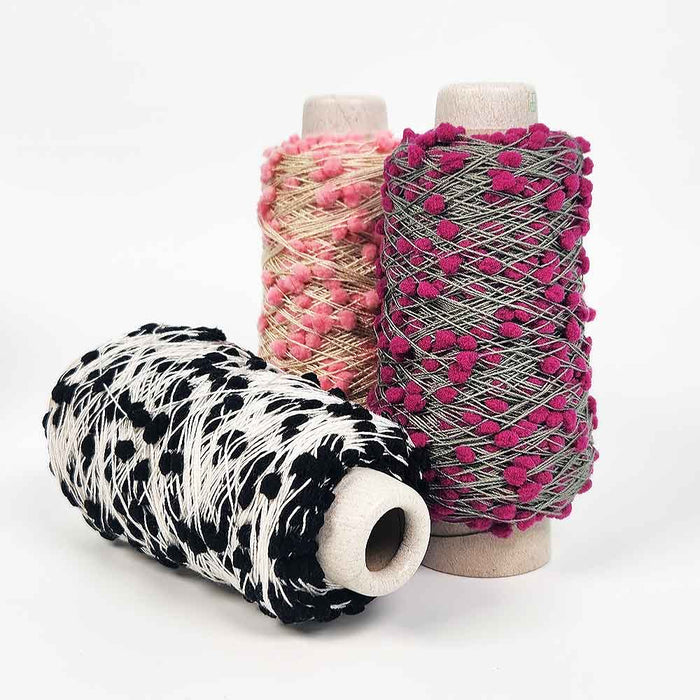 Mondofil Oshare Pon Pon pompom yarn cones multiple colors textured decorative yarn