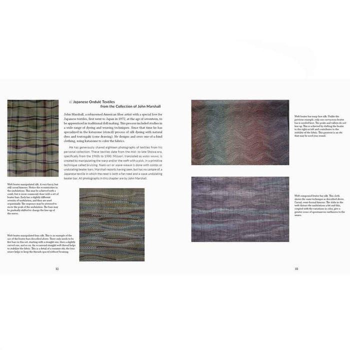 Interior spreads showing ondulé drafts, process notes and woven samples in Ondulé Textiles