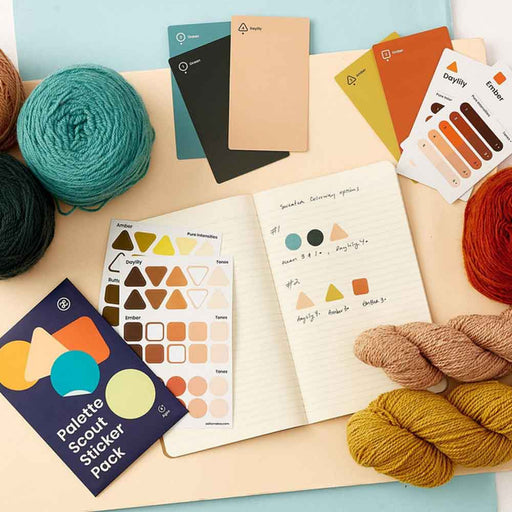 Palette Scout sticker pack used for weaving color planning with yarn and notebook