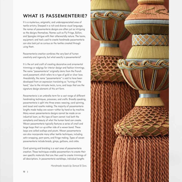 Inside of the book Passementerie by Elizabeth Ashdown featuring contemporary decorative trimming techniques